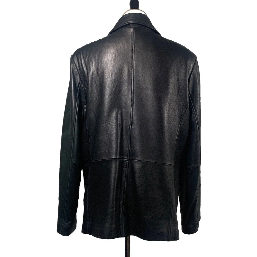 Vintage Dana Buchman Black Leather Car Coat Jacket Leopard Print Lining Size XL - Picture 8 of 9